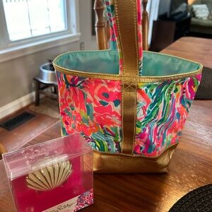 Lily Pulitzer wine tote and beer opener.